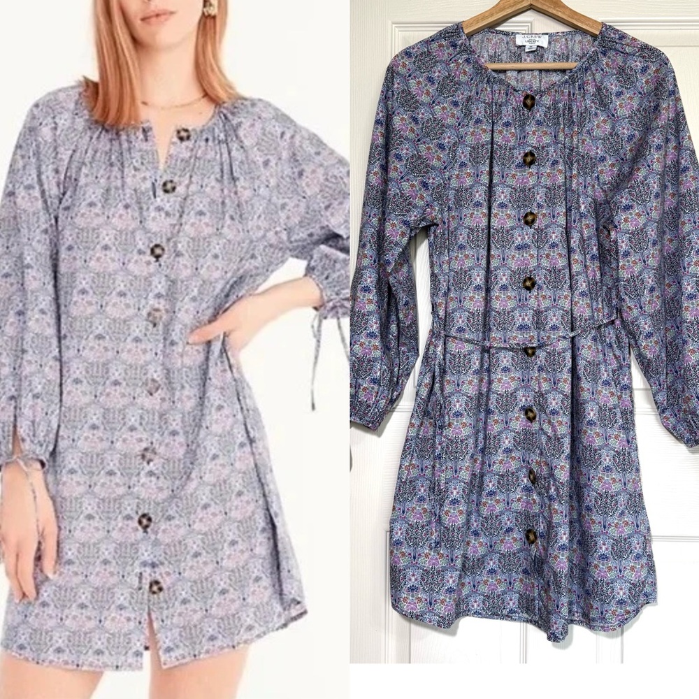 J.Crew Puff Sleeve Shirt Dress Purple Floral Liberty Organic Cotton M Knee High